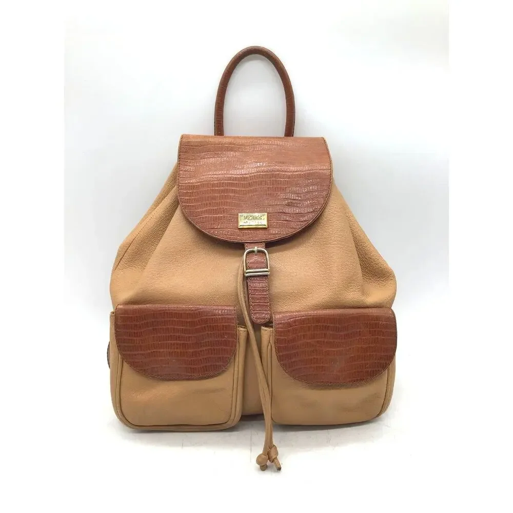 Gianfranco Ferre Distressed Leather Reptile Accent Drawstring Backpack